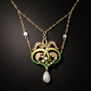 Art Nouveau Enamel and Pearl Swag Necklace - 3