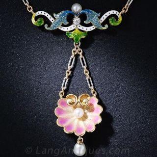 Art Nouveau  Enamel, Diamond and Pearl Necklace
