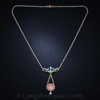 Art Nouveau  Enamel, Diamond and Pearl Necklace