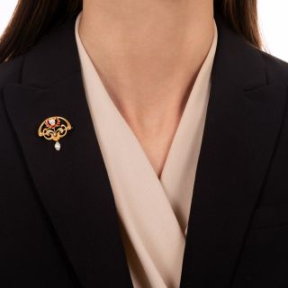 Art Nouveau Enamel, Diamond and Pearl Pin by Bippart, Griscom & Osborne