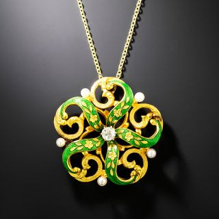 Art Nouveau Enamel, Diamond and Pearl Pinwheel Pendant by Krementz - 2