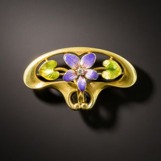 Art Nouveau Enamel Diamond Flower Brooch by Krementz - 2