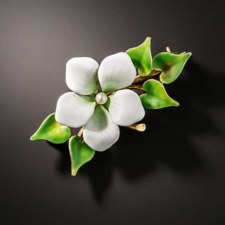 Art Nouveau Enamel Flower and Ivy Brooch - 1
