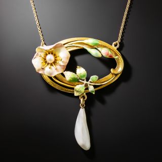 Art Nouveau Enamel Flower and Pearl Necklace - 2