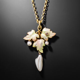 Art Nouveau Enamel, Freshwater Pearl and Diamond Lavaliere - 3