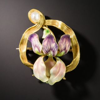 Art Nouveau Enamel Iris Pin 