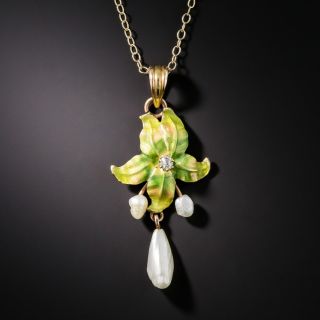 Art Nouveau Enamel Pearl and Diamond Leaf Necklace - 2