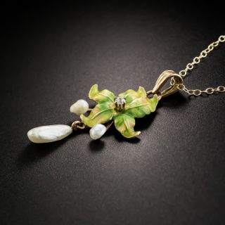 Art Nouveau Enamel Pearl and Diamond Leaf Necklace