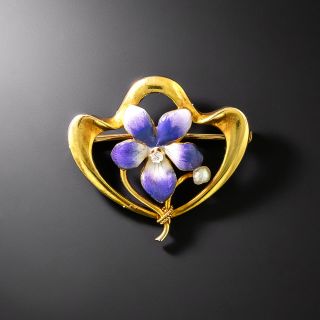 Art Nouveau Enamel, Pearl and Diamond Pansy Brooch by Krementz - 2