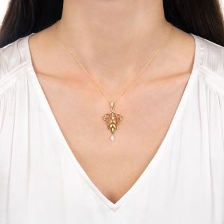 Art Nouveau Enamel, Pearl and Diamond Pendant by Krementz