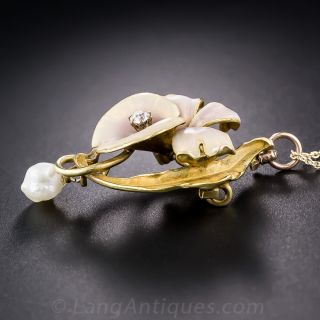 Art Nouveau Enamel, Pearl and Diamond Pendant
