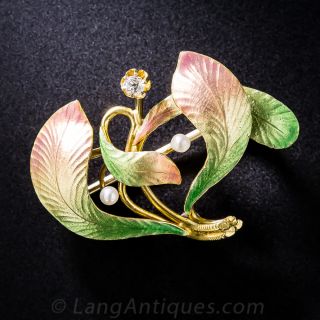 Art Nouveau Enamel, Pearl and Diamond Pin