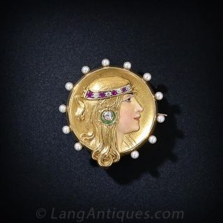 Art Nouveau Enamel Portrait Watch Pin - Circa 1905 - 1