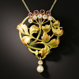 Art Nouveau Enamel, Ruby, Diamond and Pearl Pendant/Brooch - 1