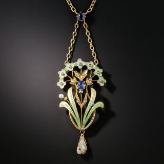 Art Nouveau Enamel Sapphire Pearl Pendant Necklace - 1