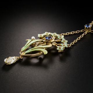 Art Nouveau Enamel Sapphire Pearl Pendant Necklace