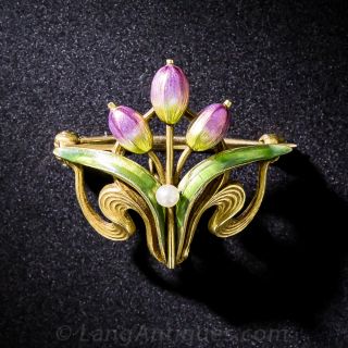 Art Nouveau Enamel Tulip Pin/Pendant - 1