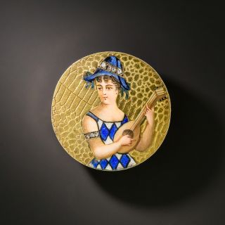 Art Nouveau Enameled Lady Lutenist Pin - 1