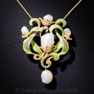 Art Nouveau Enameled Pearl Pendant