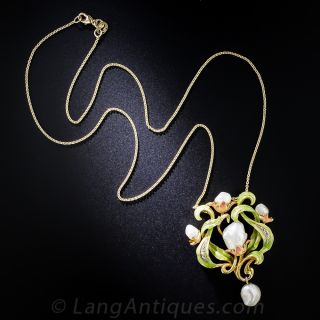 Art Nouveau Enameled Pearl Pendant