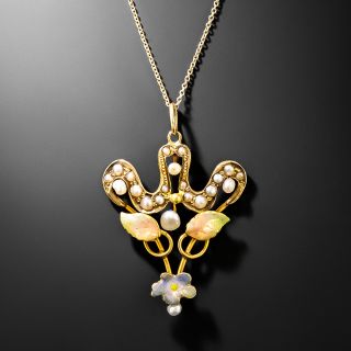 Art Nouveau Floral Enamel and Pearl Lavaliere by J.J. White Co. - 2