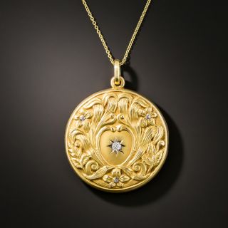 Art Nouveau Floral Round Locket With Diamond - 4