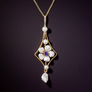 Art Nouveau Freshwater Pearl Flower and Garnet and Glass Doublet Necklace - 1