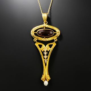 Art Nouveau Garnet and Natural Pearl Lavaliere Necklace - 2