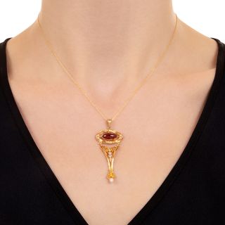Art Nouveau Garnet and Natural Pearl Lavaliere Necklace