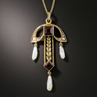 Art Nouveau Garnet and Pearl Necklace by Moore and Son - 2