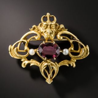 Art Nouveau Garnet and Seed Pearl Brooch by Henry Blank