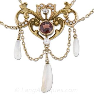 Art Nouveau Garnet, Diamond and Pearl Festooned Necklace