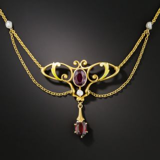 Art Nouveau Garnet Enamel Necklace By Krementz - 1