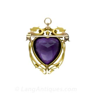 Art Nouveau Gold, Amethyst and Diamond Pin / Pendant
