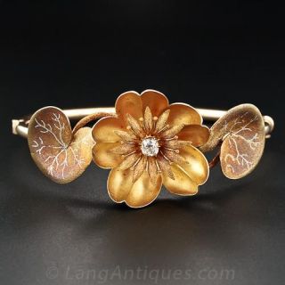Art Nouveau Gold and Diamond Waterlily Bracelets and Brooch