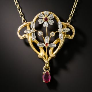Art Nouveau Gold and Platinum Ruby and Diamond Pendant Necklace - 2