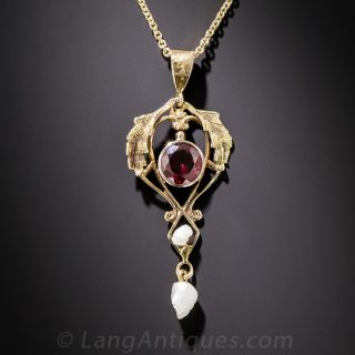 Art Nouveau Gold, Garnet and Pearl Pendant