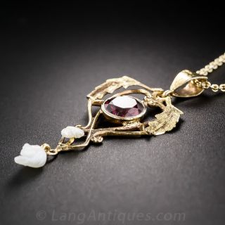 Art Nouveau Gold, Garnet and Pearl Pendant