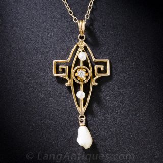 Art Nouveau Gold Pearl and Diamond Pendant