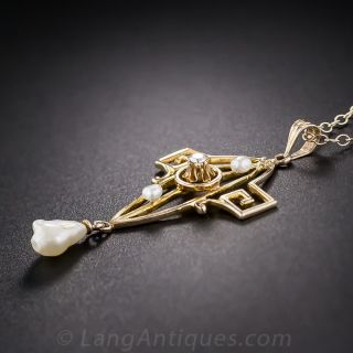 Art Nouveau Gold Pearl and Diamond Pendant