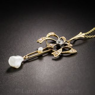 Art Nouveau Gold Pearl and Diamond Pendant