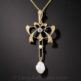 Art Nouveau Gold Pearl and Diamond Pendant