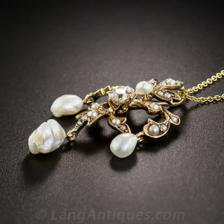 Art Nouveau Gold Pearl and Diamond Pendant