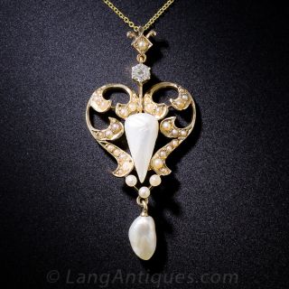 Art Nouveau Gold Pearl and Diamond Pendant
