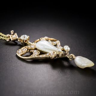 Art Nouveau Gold Pearl and Diamond Pendant
