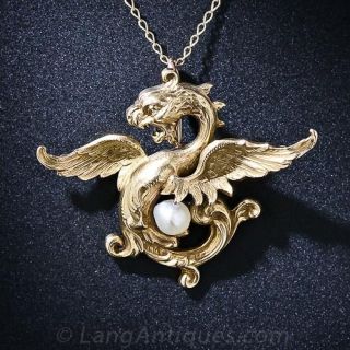 Art Nouveau Griffin and Pearl Pendant 