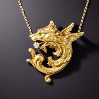 Art Nouveau Griffin Motif Diamond and Demantoid Garnet Pendant - 3
