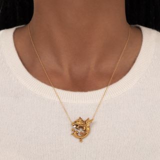 Art Nouveau Griffin Motif Diamond and Demantoid Garnet Pendant