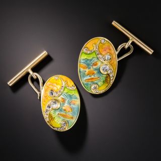 Art Nouveau Japonesque Poly-Chrome Enamel Cufflinks - 1