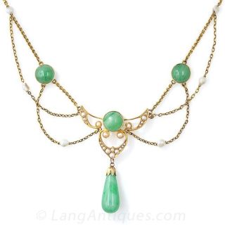 Art Nouveau Krementz Jade and Pearl Necklace